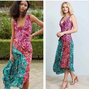 SALONI Aggie SILK Ruffled Midi Dress Floral Turquoise Blue/ Pink Size 0